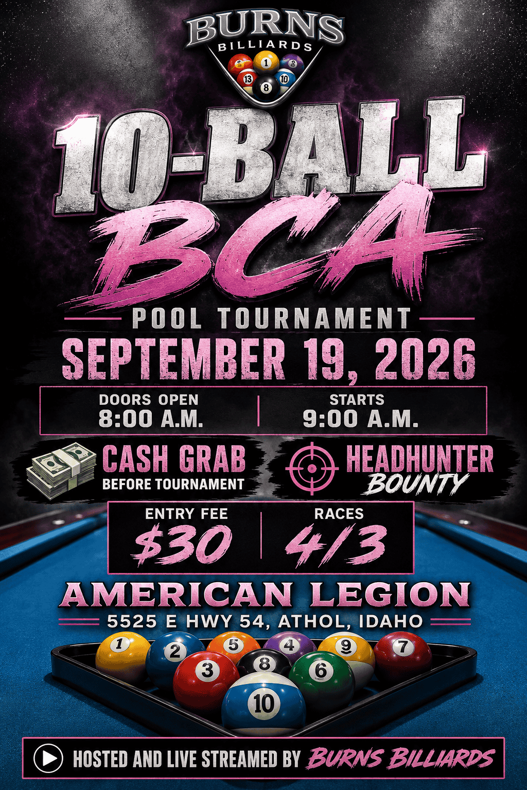 Burns Billiards 10-Ball BCA at the Legion tournament flyer
