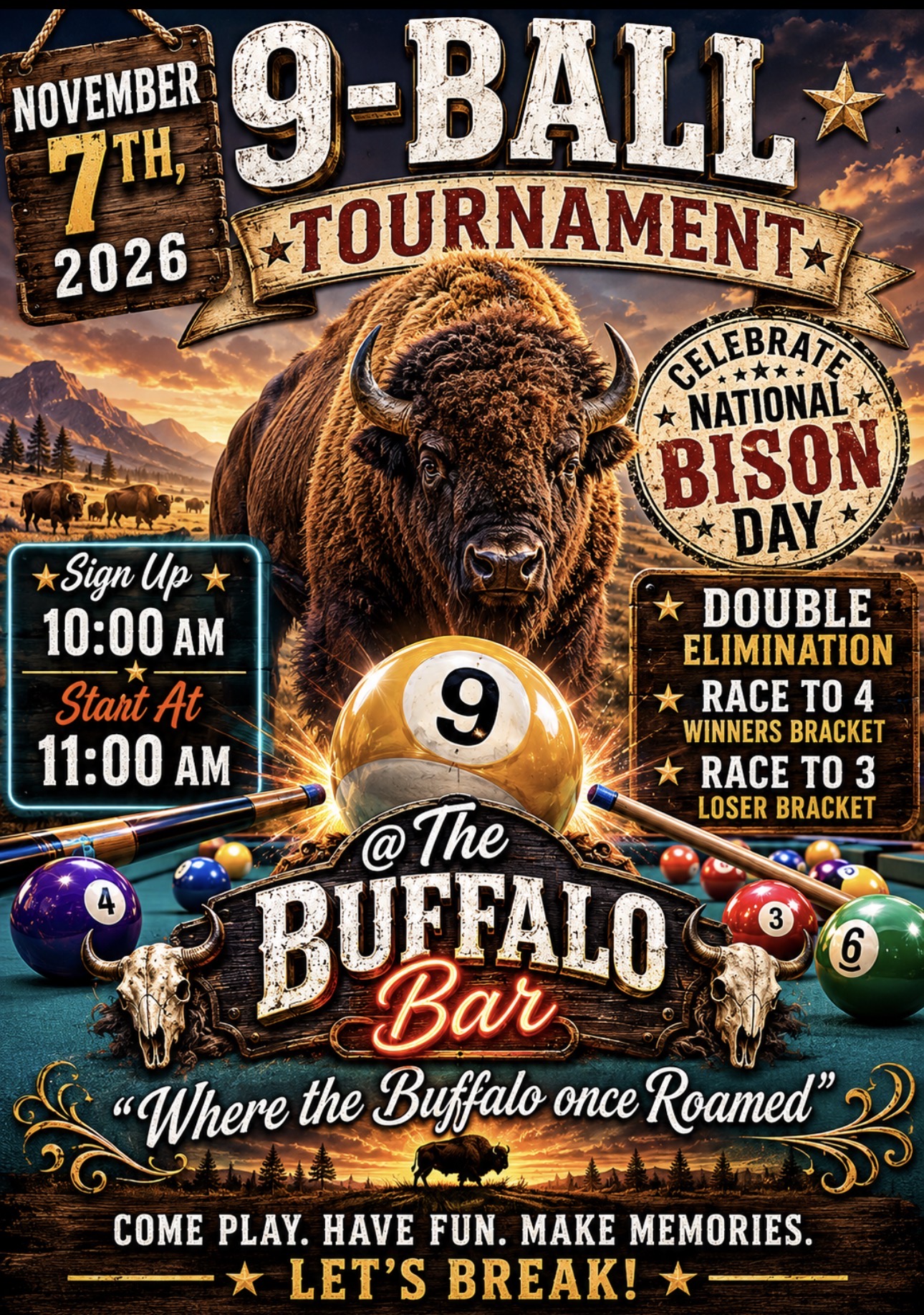National Bison Day 9-Ball Tourney tournament flyer