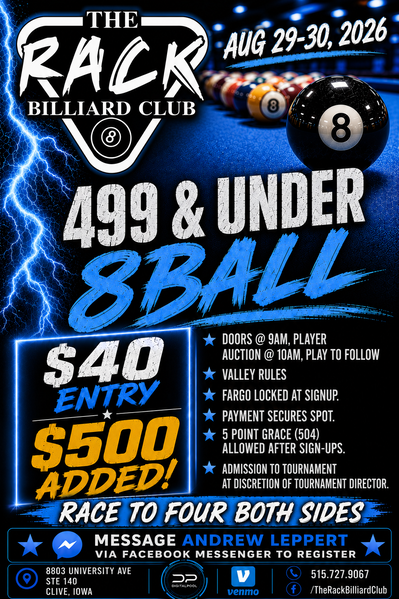 The Rack 499&under 8ball tournament flyer