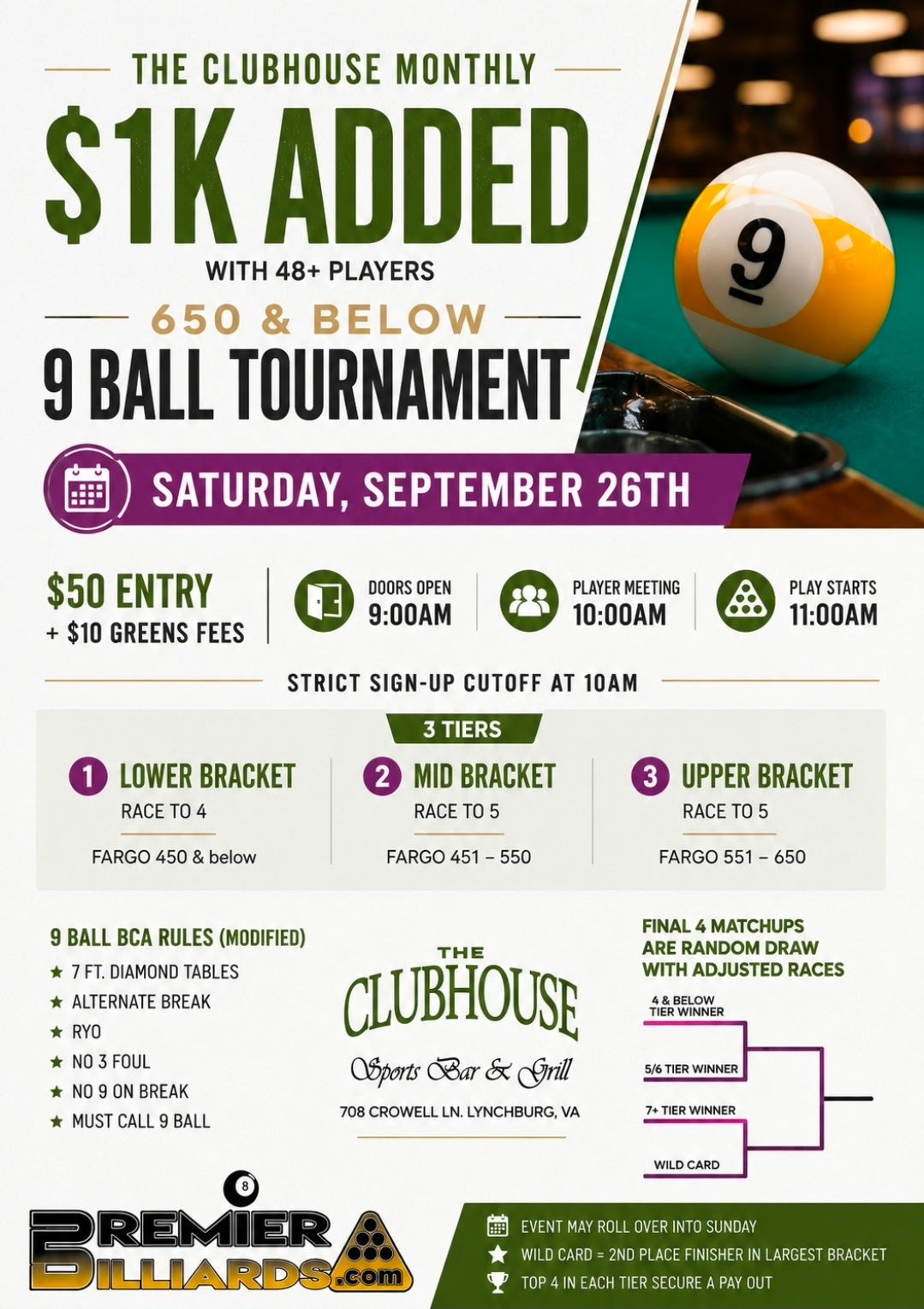 Clubhouse Monthly 9 Ball Mid-Bracket Sept 2026 tournament flyer