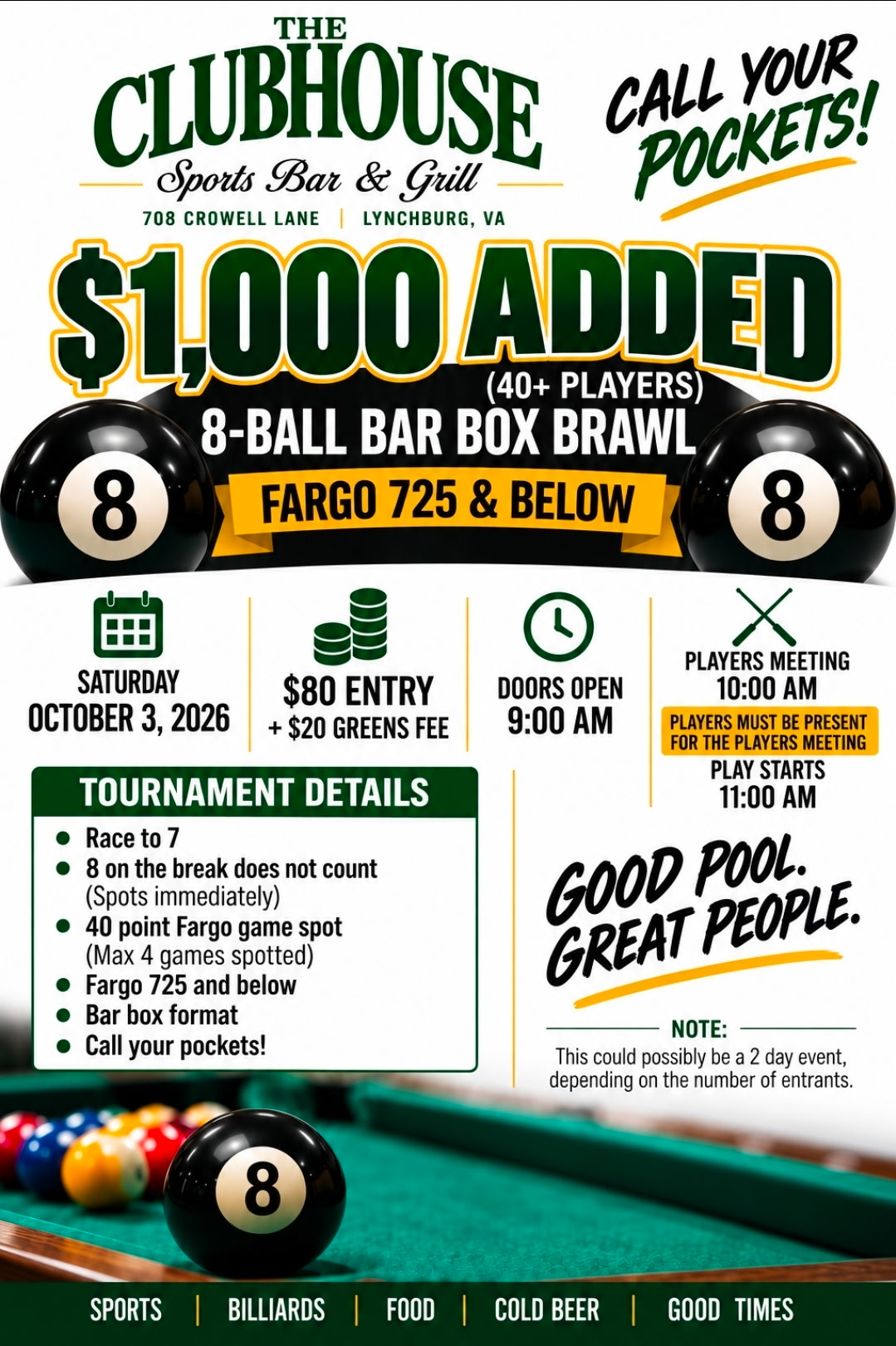 Clubhouse 8 Ball Bar Box Brawl Fargo 725 & Below Oct 2026 tournament flyer