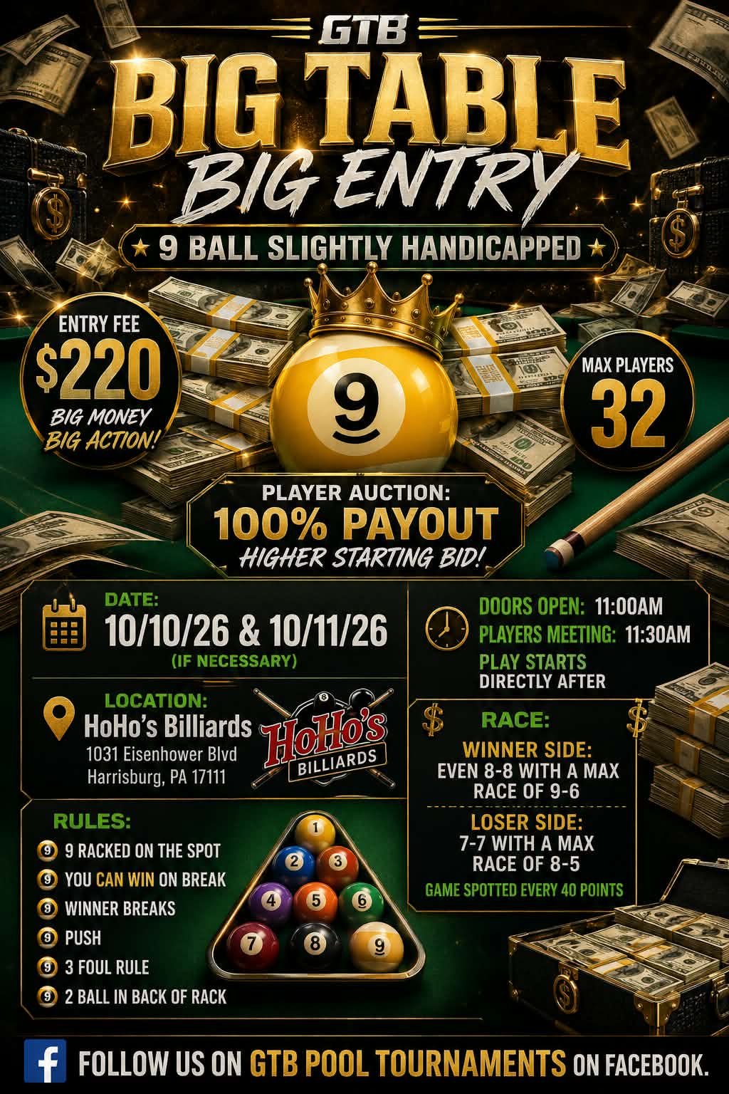 GTB Big Table Big Entry 9 Ball Slightly Handicapped tournament flyer