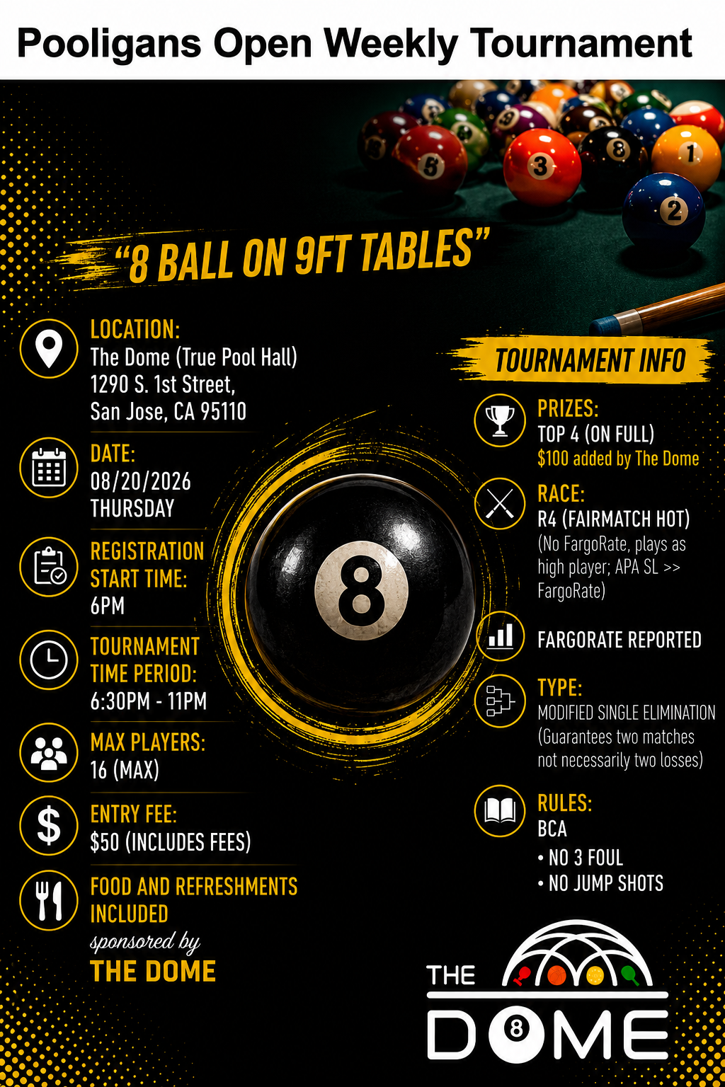 Pooligans Open Weekly Tournament - 8 ball - 20260820 tournament flyer