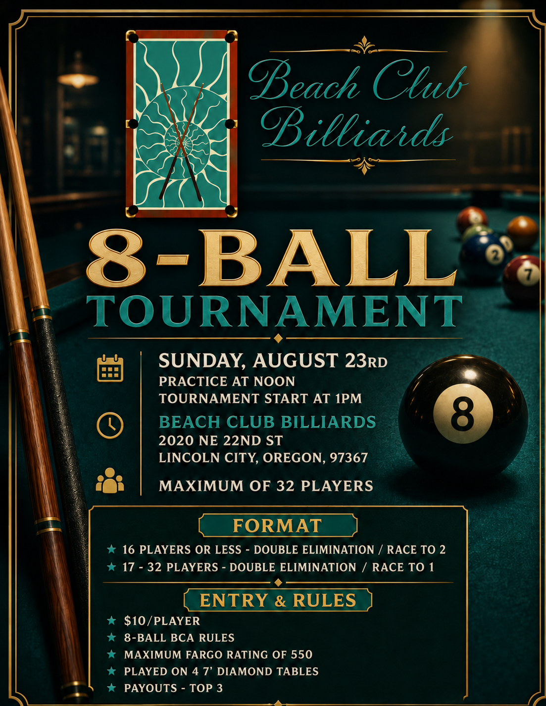 Beach Club Billiards - 8-Ball - August 23, 2026 tournament flyer