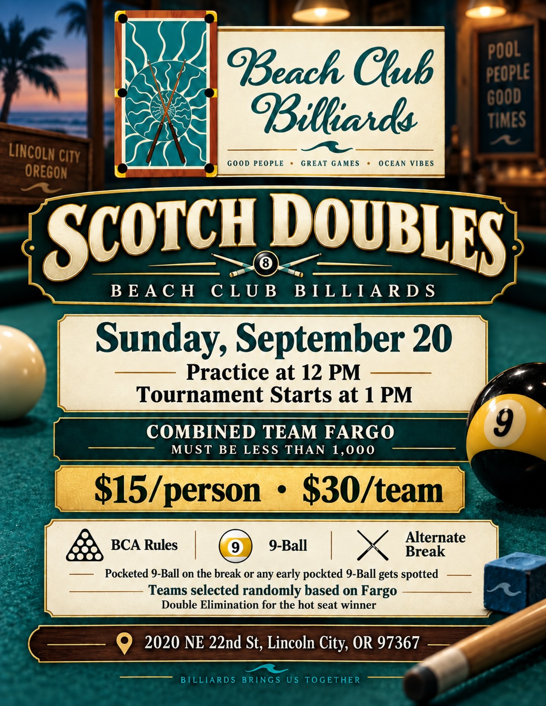 Beach Club Billiards - 9-Ball Scotch Doubles - September 20th, 2026 tournament flyer