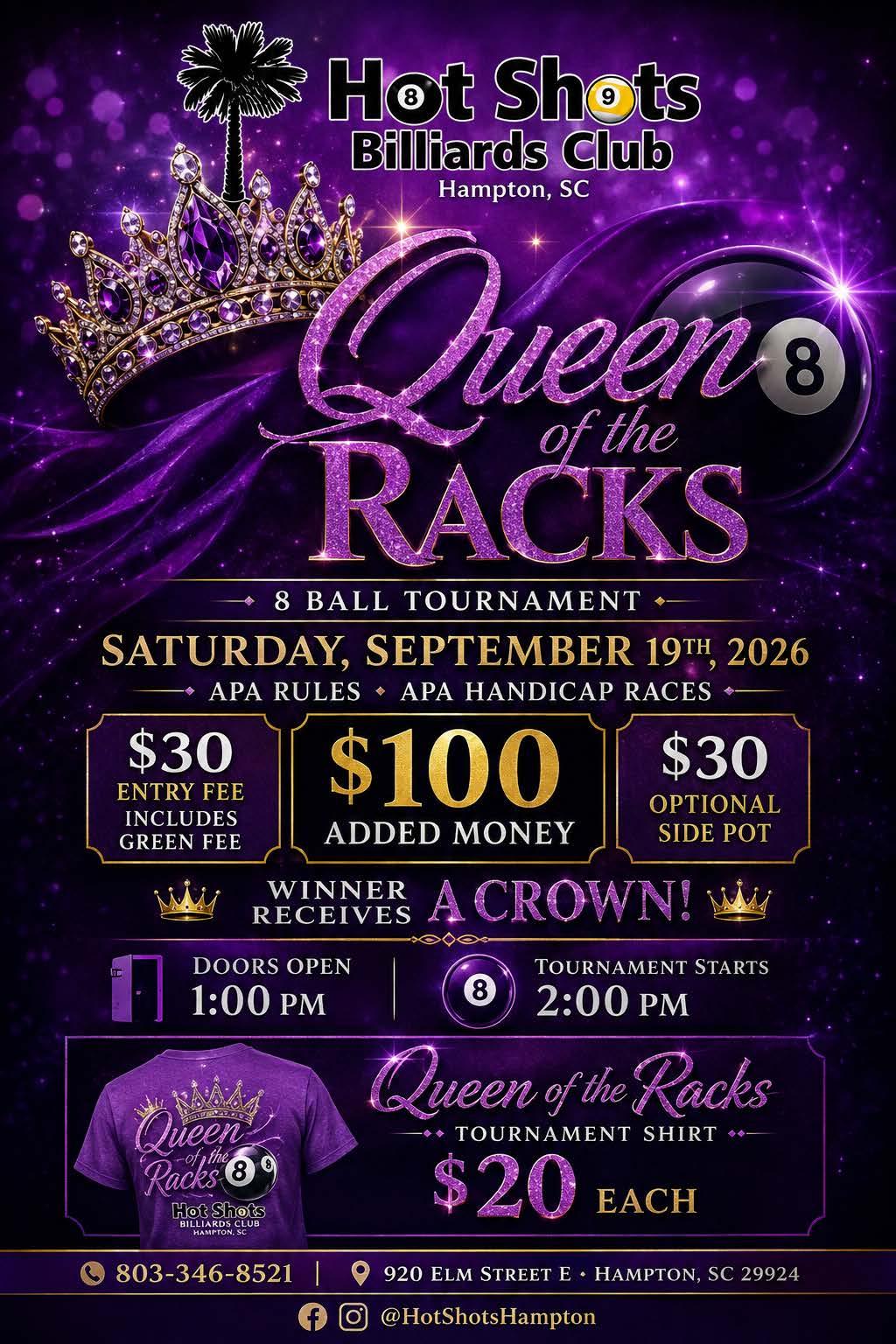 Hot Shots - Queen of the Racks - 09 19 2026 tournament flyer