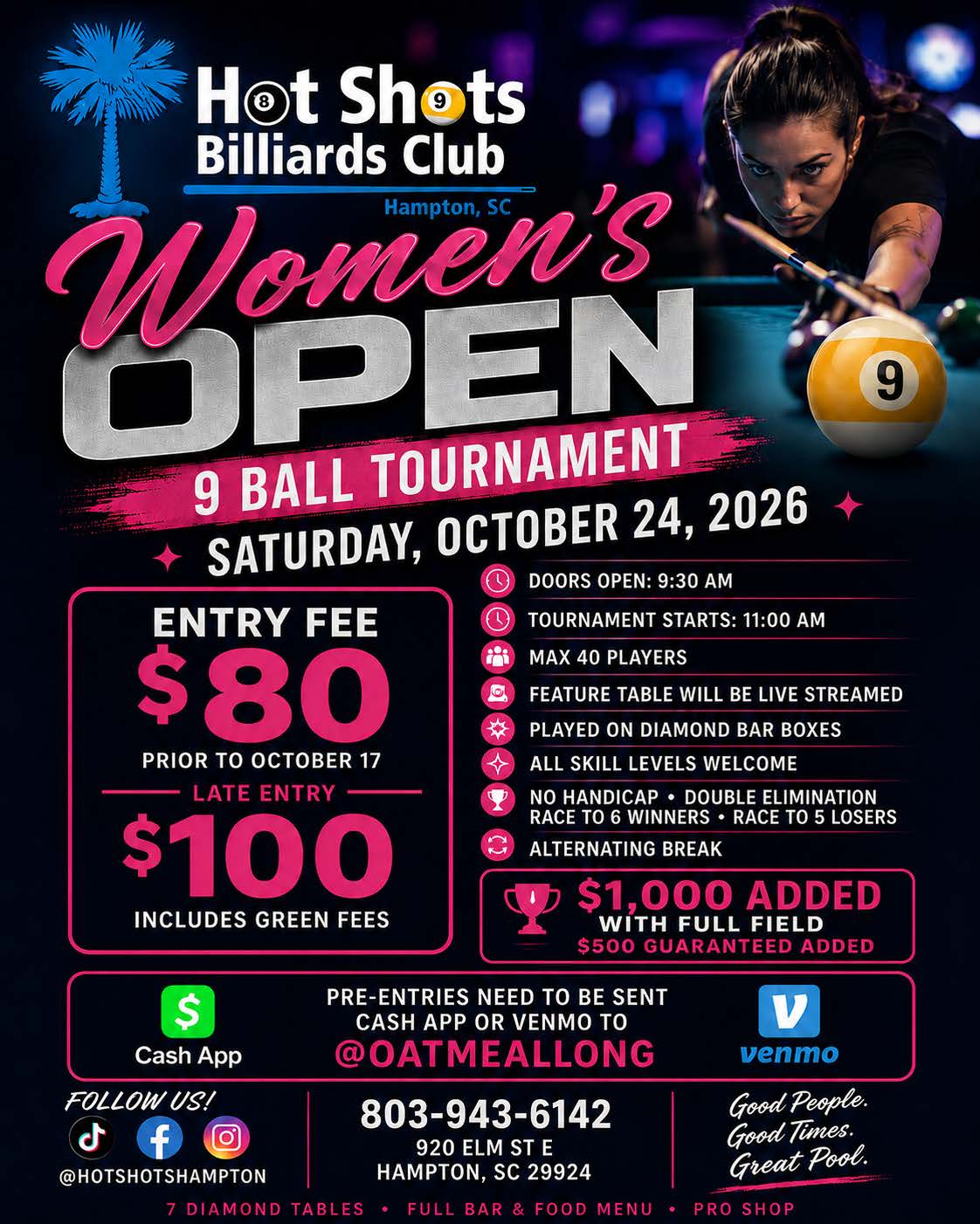 Hot Shots Women's Open 9 Ball 10 24 2026 tournament flyer