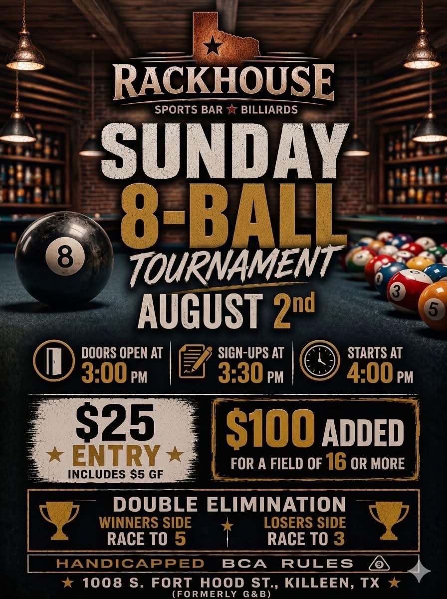 RACKHOUSE SUNDAY 8-BALL TOURNAMENT 8-2-26 tournament flyer