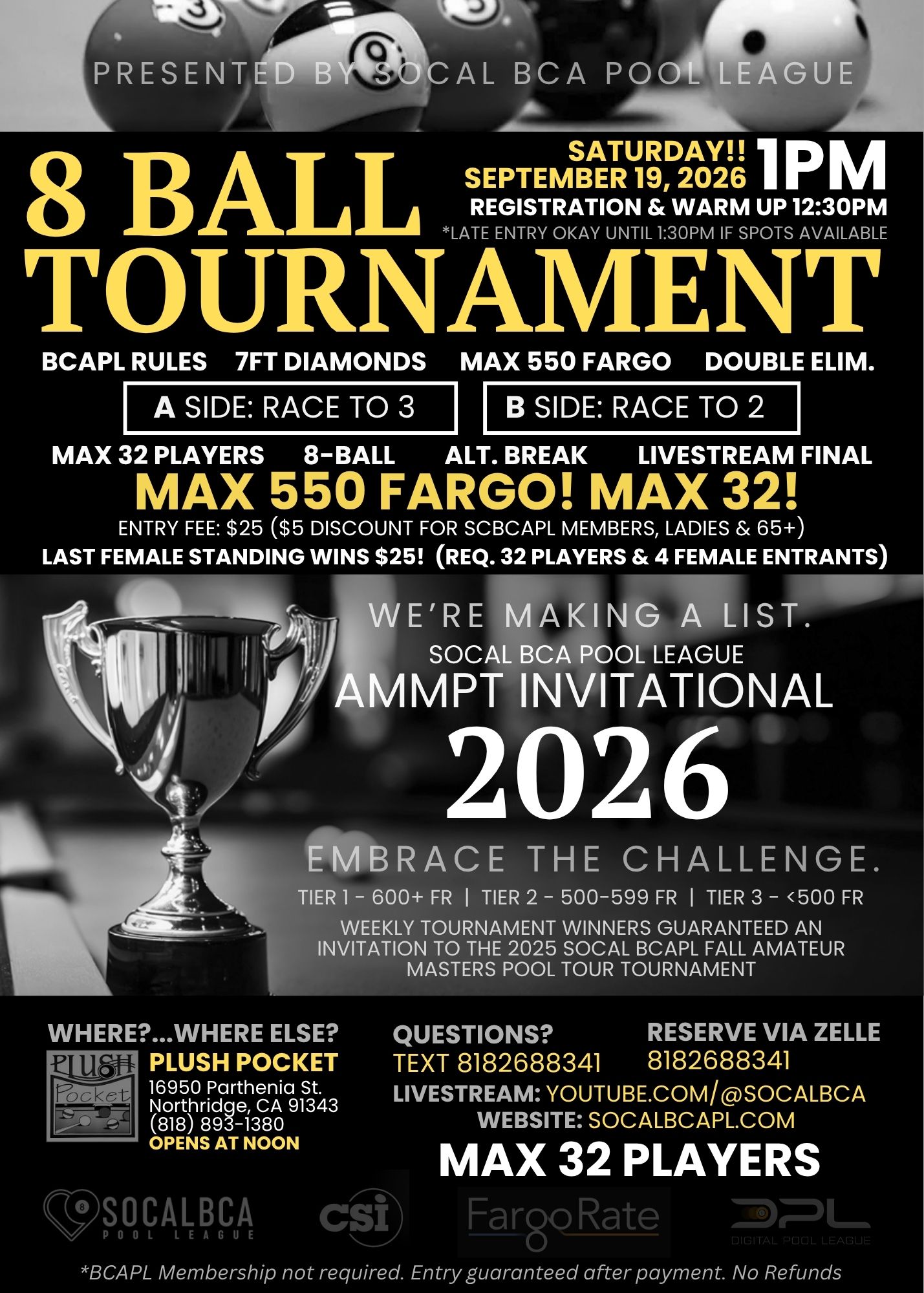 SoCal BCAPL Saturday 8-Ball, Max 550 Fargo at Plush Pocket tournament flyer