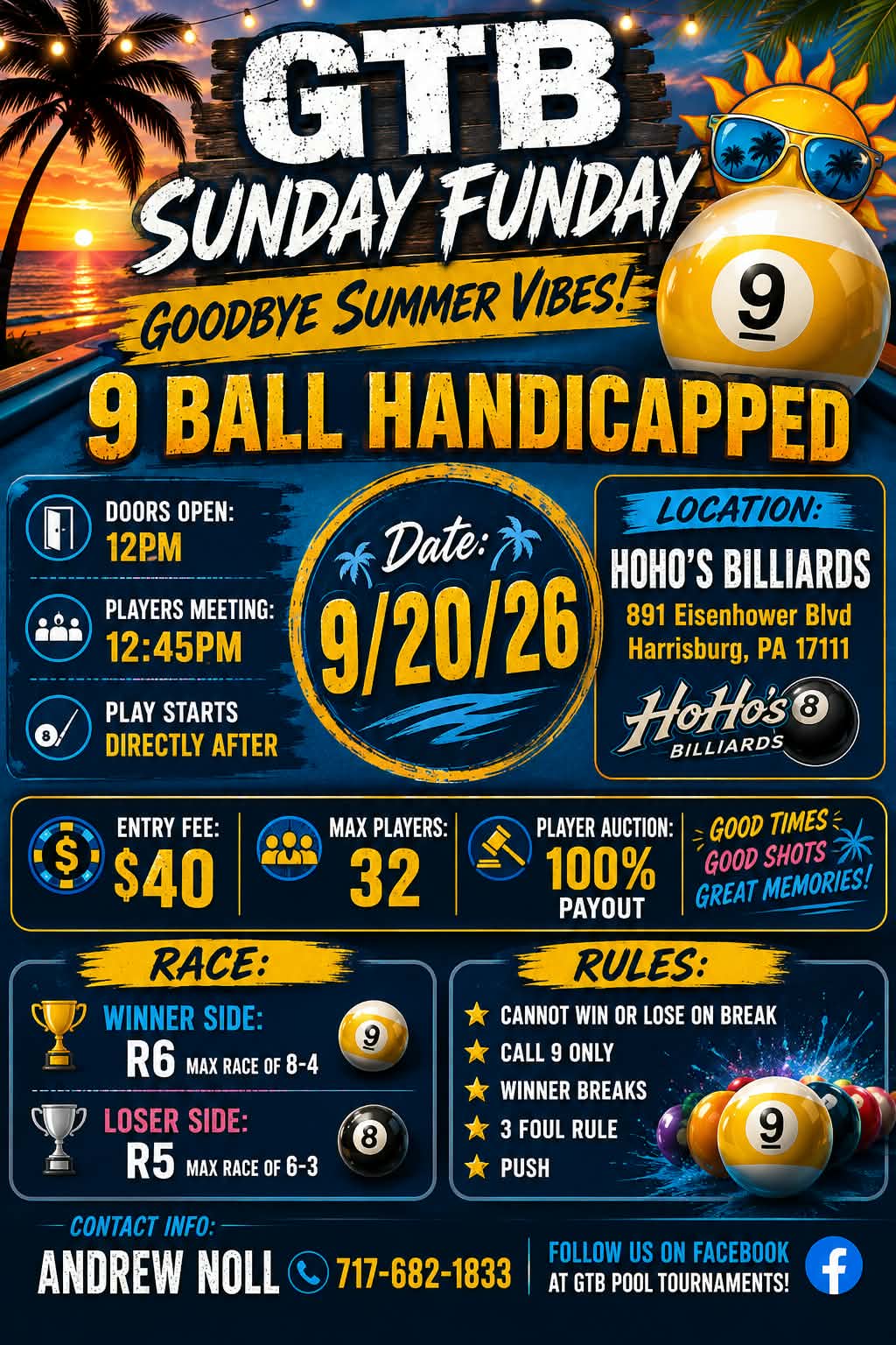 GTB Sunday Funday 9 Ball Handicapped 9/20/26 tournament flyer
