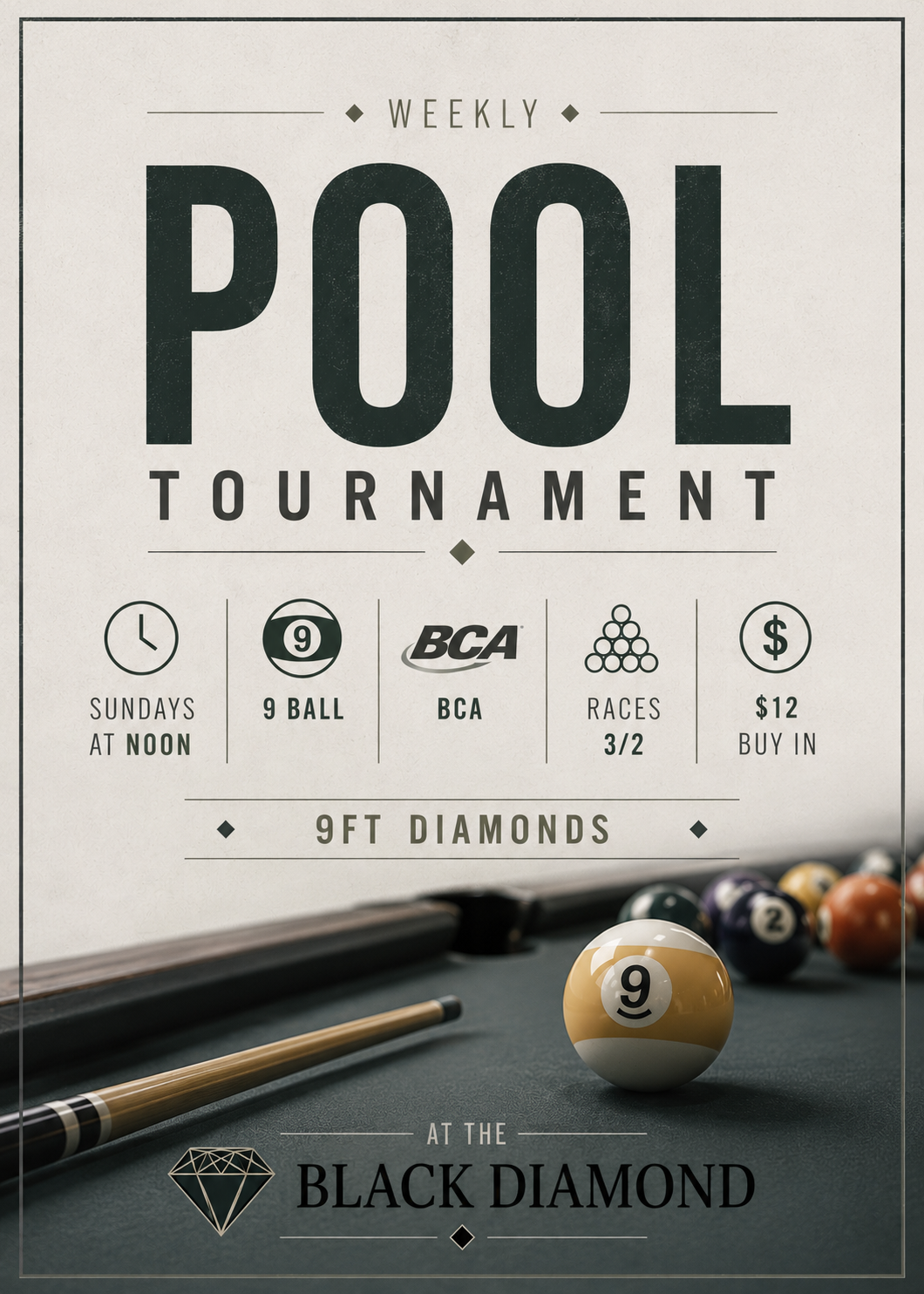 Black Diamond Weekly 9ball 8/2 tournament flyer