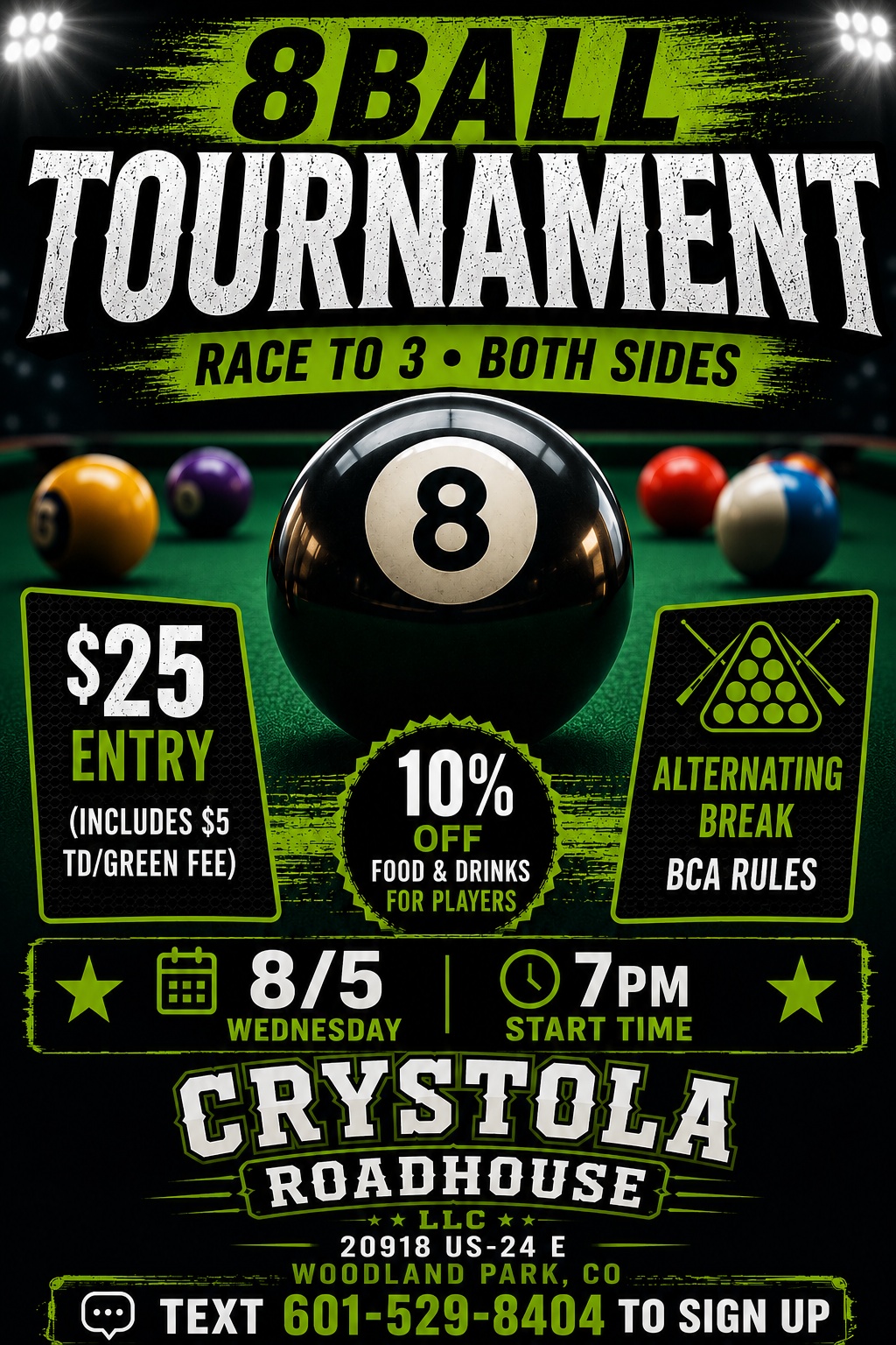 Crystola Roadhouse 8 ball tournament flyer