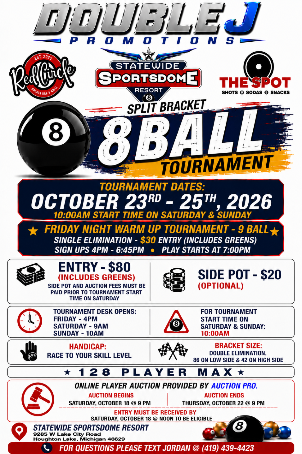 Statewide 8 ball split bracket tournament flyer