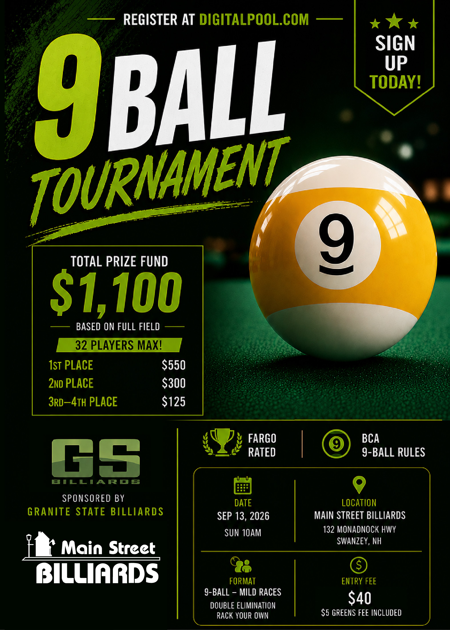 Main Street Billiards 9 Ball Tournament tournament flyer
