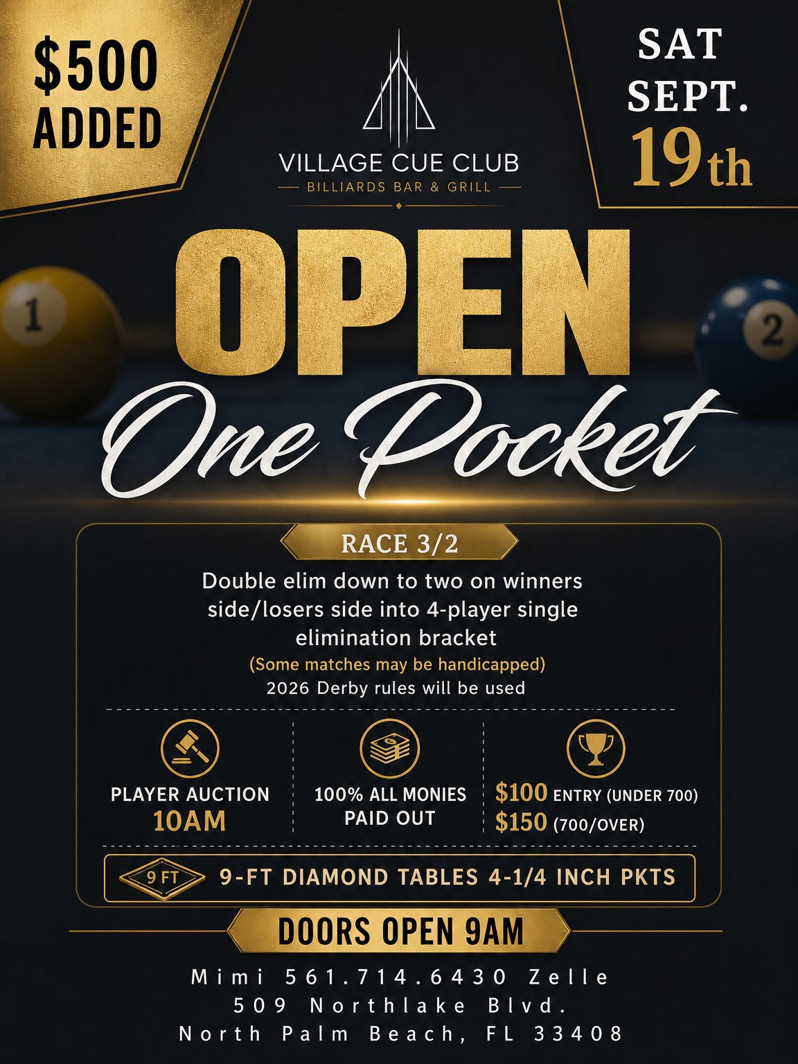 OPEN One Pocket 9.19.26 tournament flyer