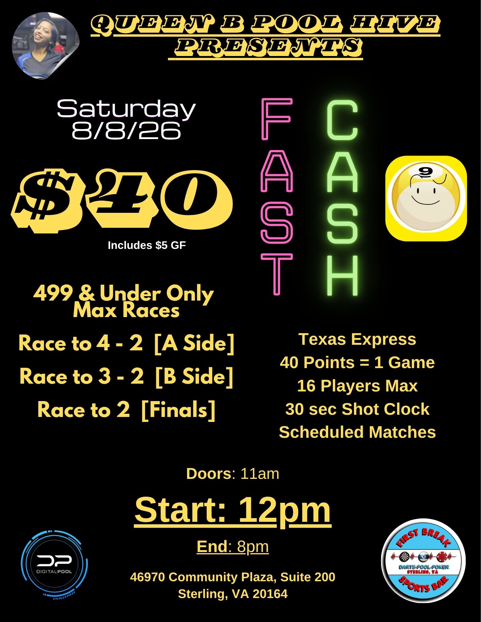 Fast Cash 9 @ First Break - 8/8/26 tournament flyer