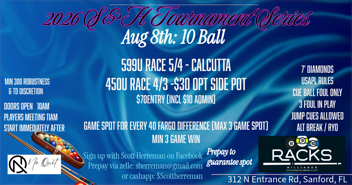 599U 10 Ball S&H Tournament 8/8 tournament flyer