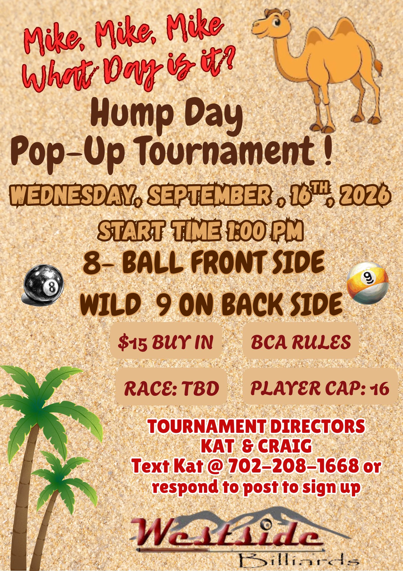 Westside Billiards Pop-up Tournament 8 ball front 9 ball backside tournament flyer