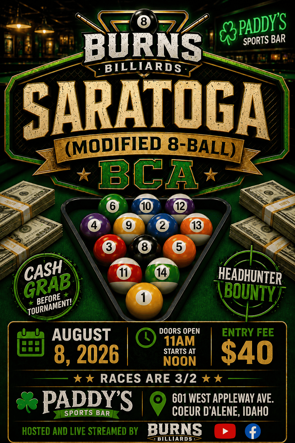 Burns Billiards Saratoga Modified 8-Ball BCA tournament flyer