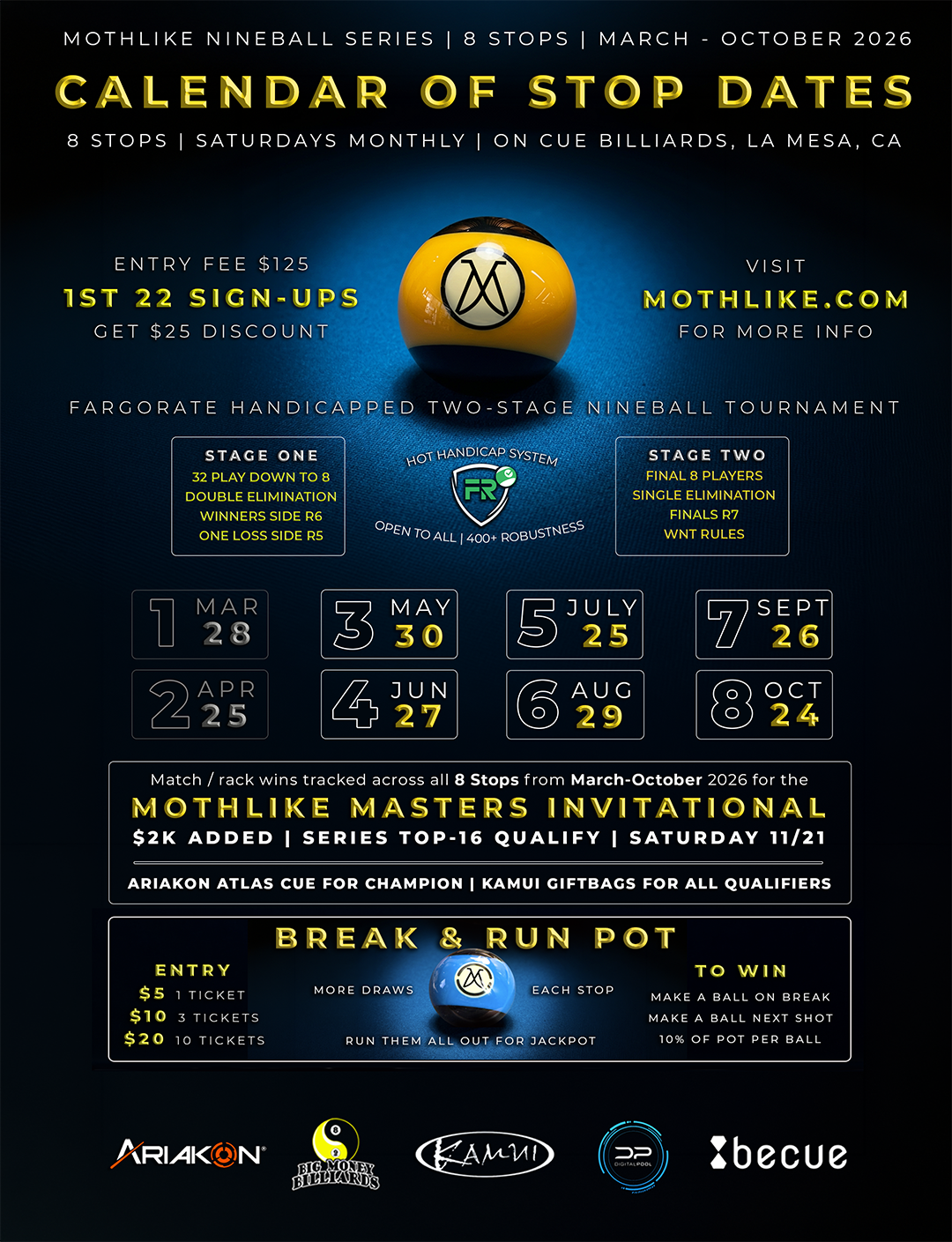 Stop #7 | Mothlike Nineball Series 2 | 09-26-26 | On Cue, La Mesa, CA tournament flyer