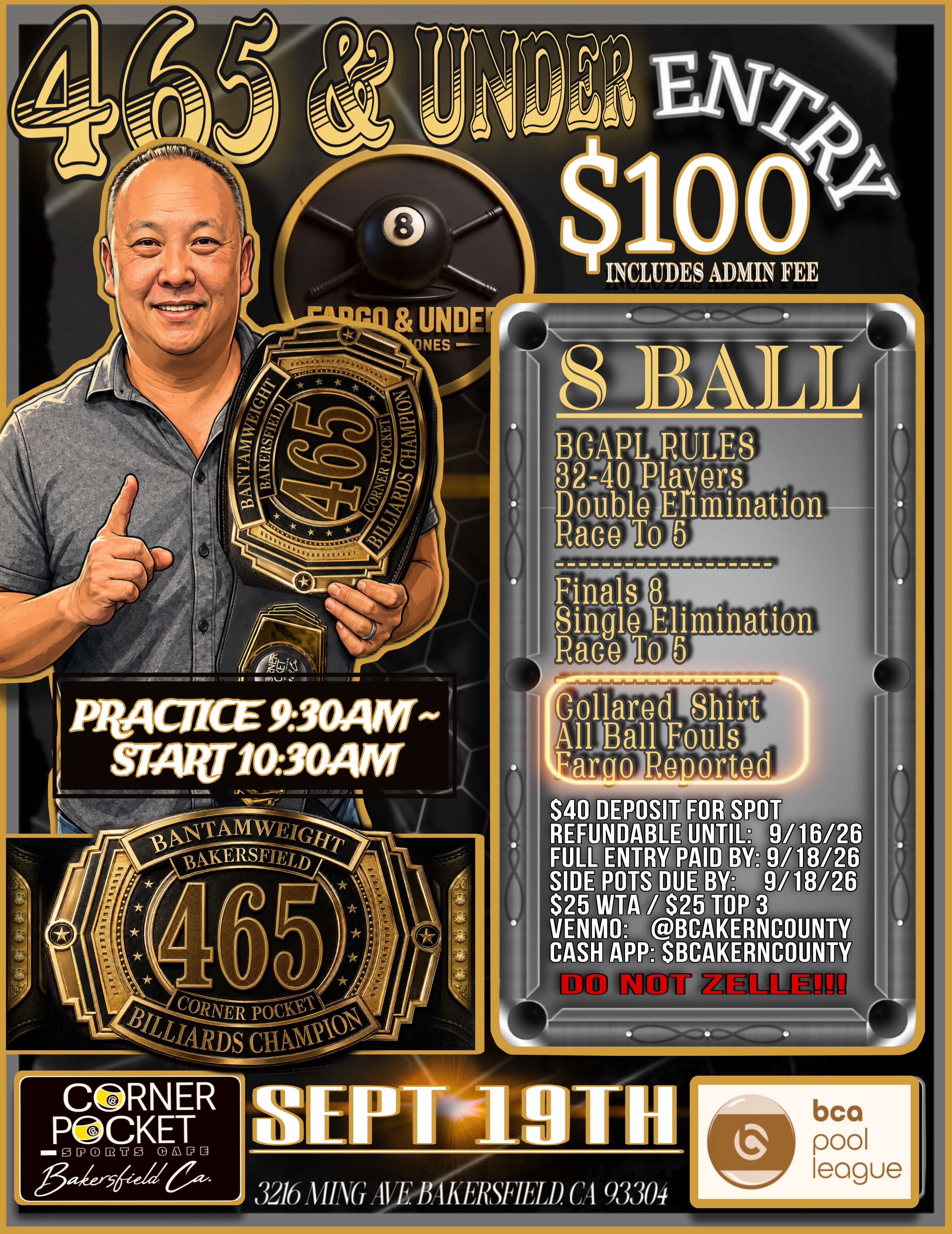 465&U 8-Ball Bakersfield Bantamweight Undisputed tournament flyer