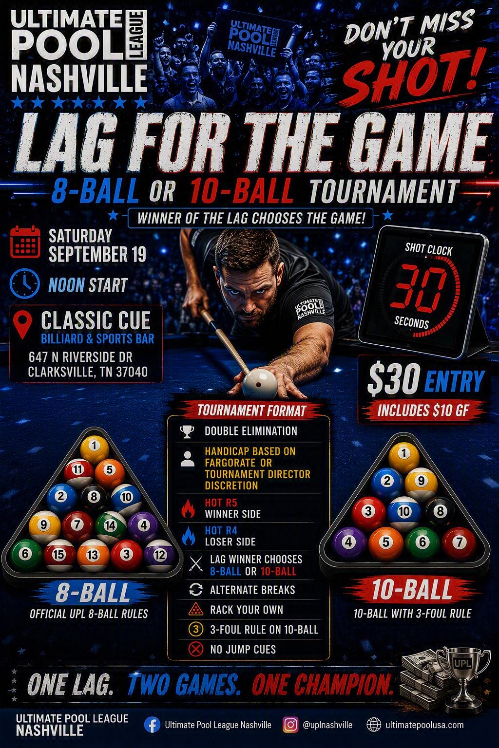 Classic Cue Clarksville, TN 8 or 10-Ball Tournament tournament flyer