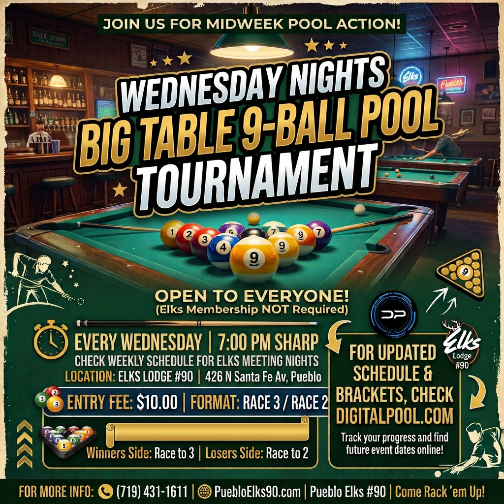 Pueblo Elks Wednesday 9 Ball on the 9's tournament flyer