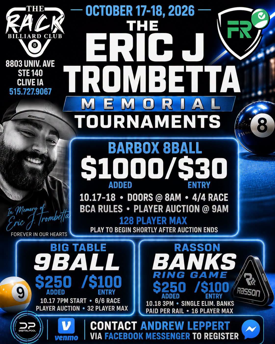 The Rack's 2nd Annual Eric Trombetta Memorial 9ball tournament flyer