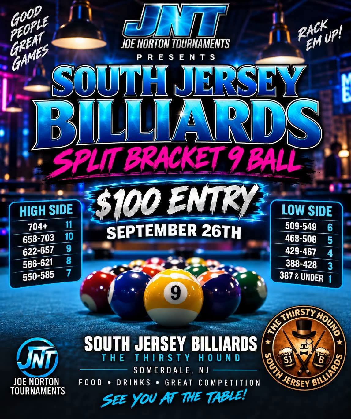 JNT & DYNASPHERES PRESENTS SOUTH JERSEY BILLIARDS SPLIT BRACKET 9 BALL  LOW SIDE tournament flyer