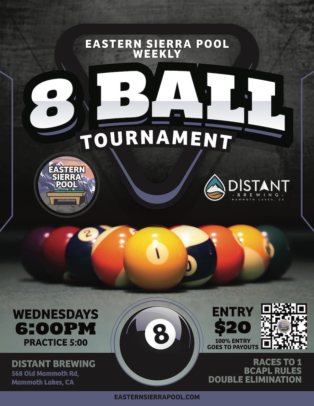 Mammoth Lakes 8-Ball Tournament @ Distant Brewing, Wednesday Sep 16, 2026 tournament flyer