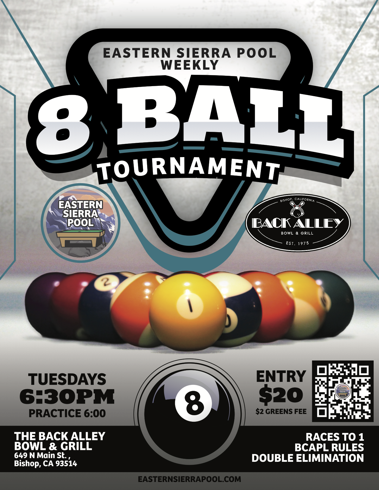 Bishop 8-Ball Tournament @ Back Alley Bowl & Grill, Tuesday August 18, 2026 tournament flyer