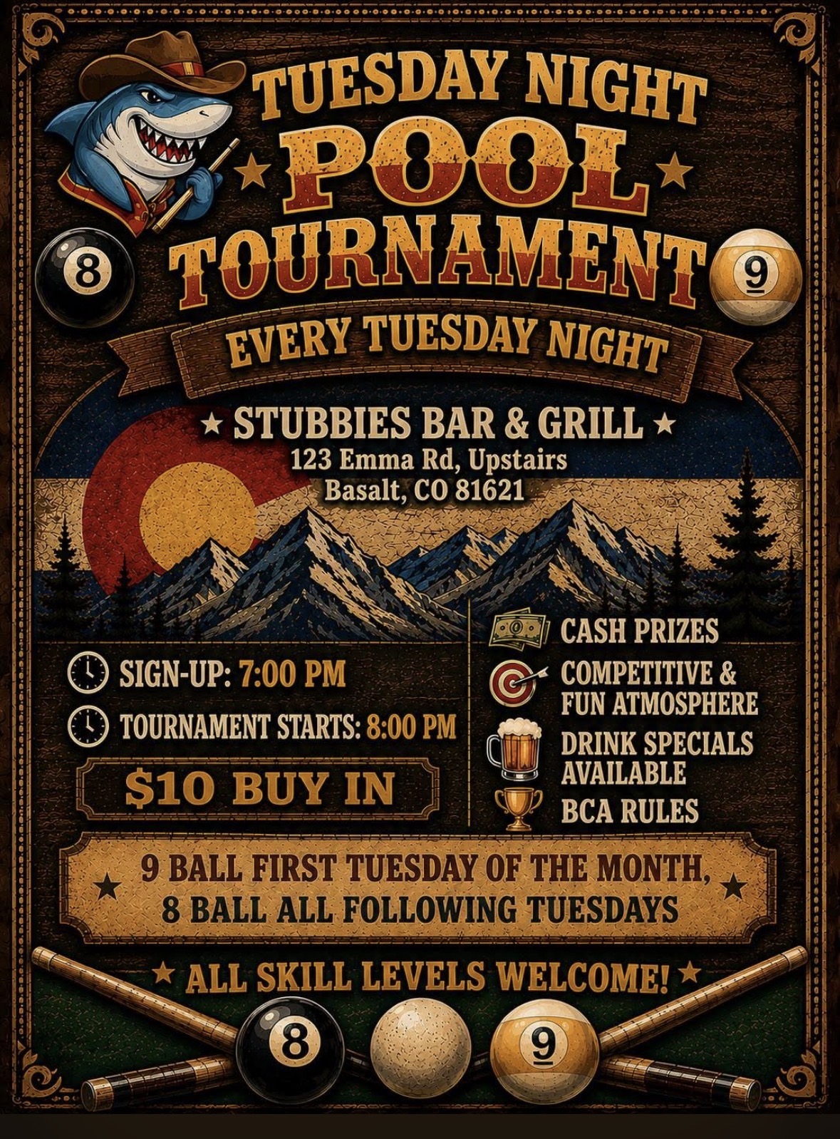 Stubbies 8 Ball - 8/11/26 tournament flyer