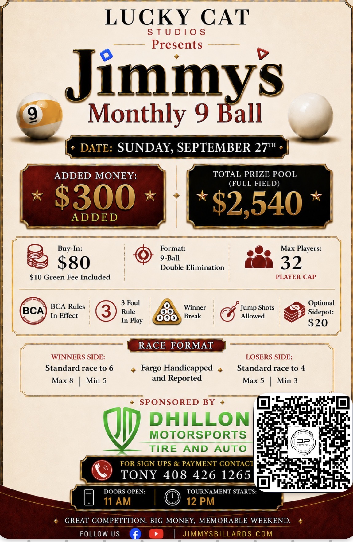 Jimmy's Billiards Monthly 9 ball Tournament tournament flyer