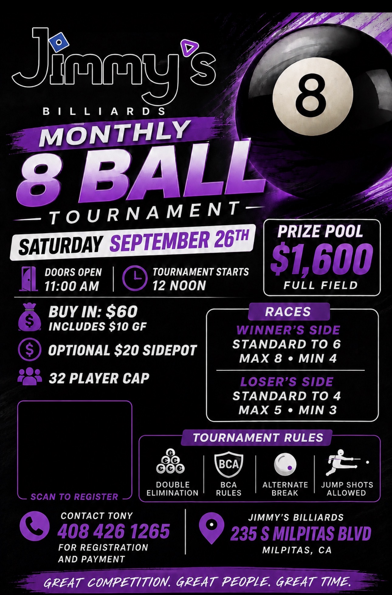 Jimmy's Billiards Monthly 8 Ball Sept tournament flyer