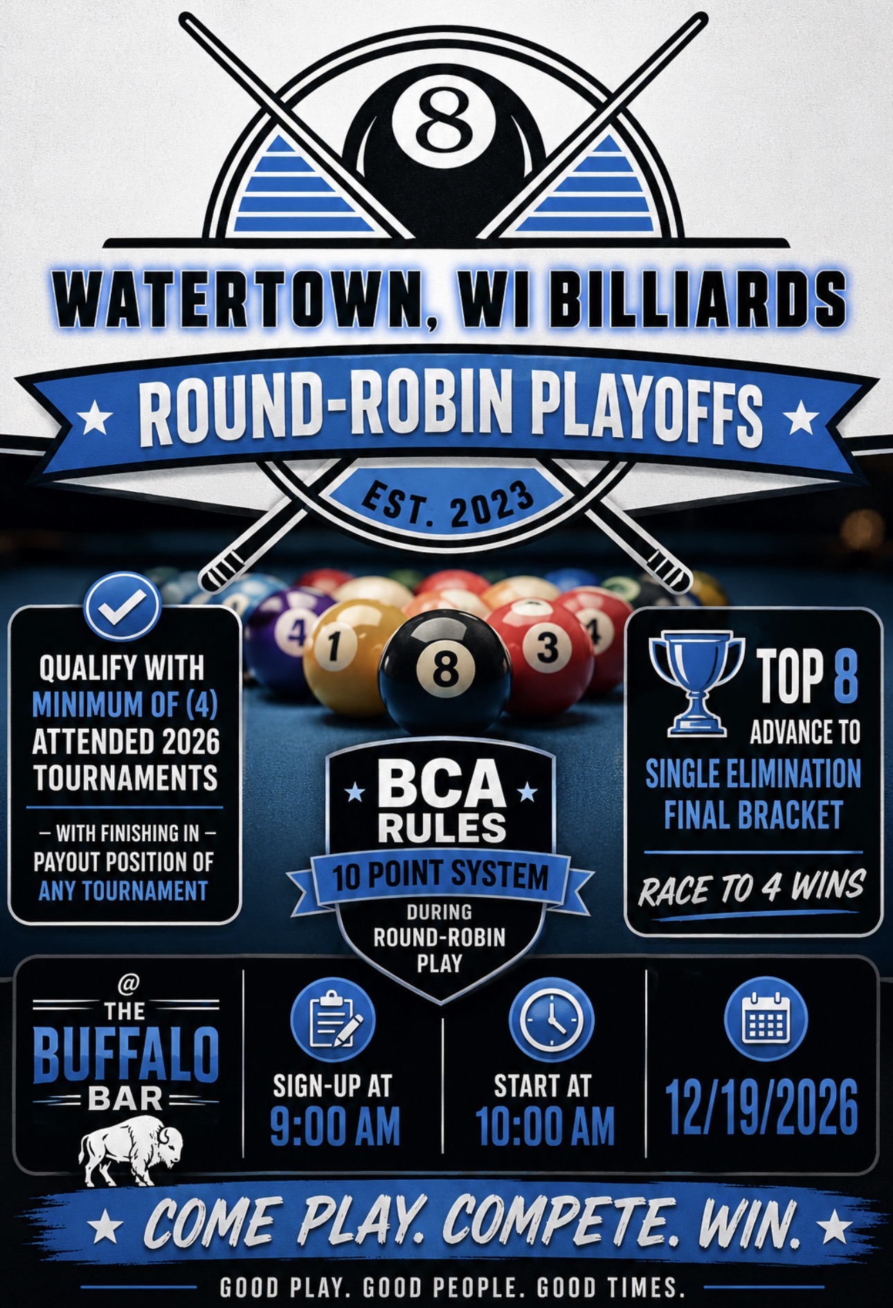 Watertown, WI Billiards Round-Robin Playoffs tournament flyer