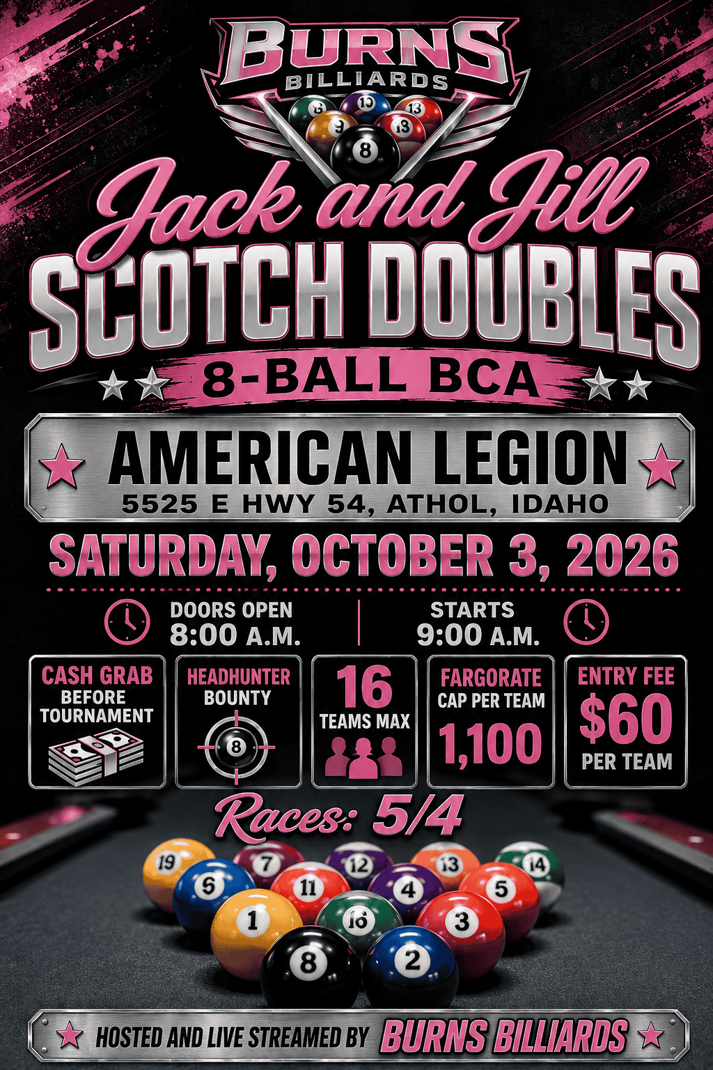 Burns Billiards Jack and Jill Scotch Doubles 8-Ball BCA at the Legion tournament flyer
