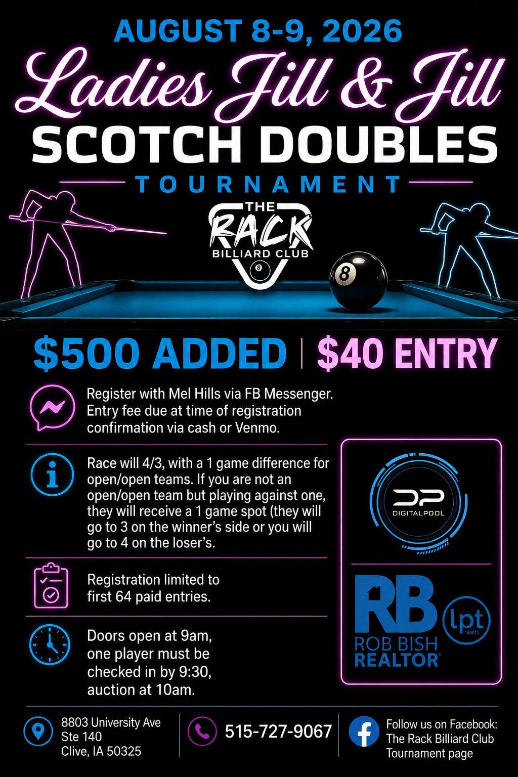 The Rack Jill & Jill Scotch Doubles tournament flyer