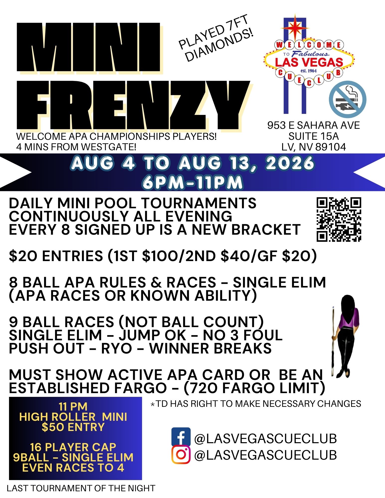 LV Cue Club-Mini Frenzy APA26 10 tournament flyer