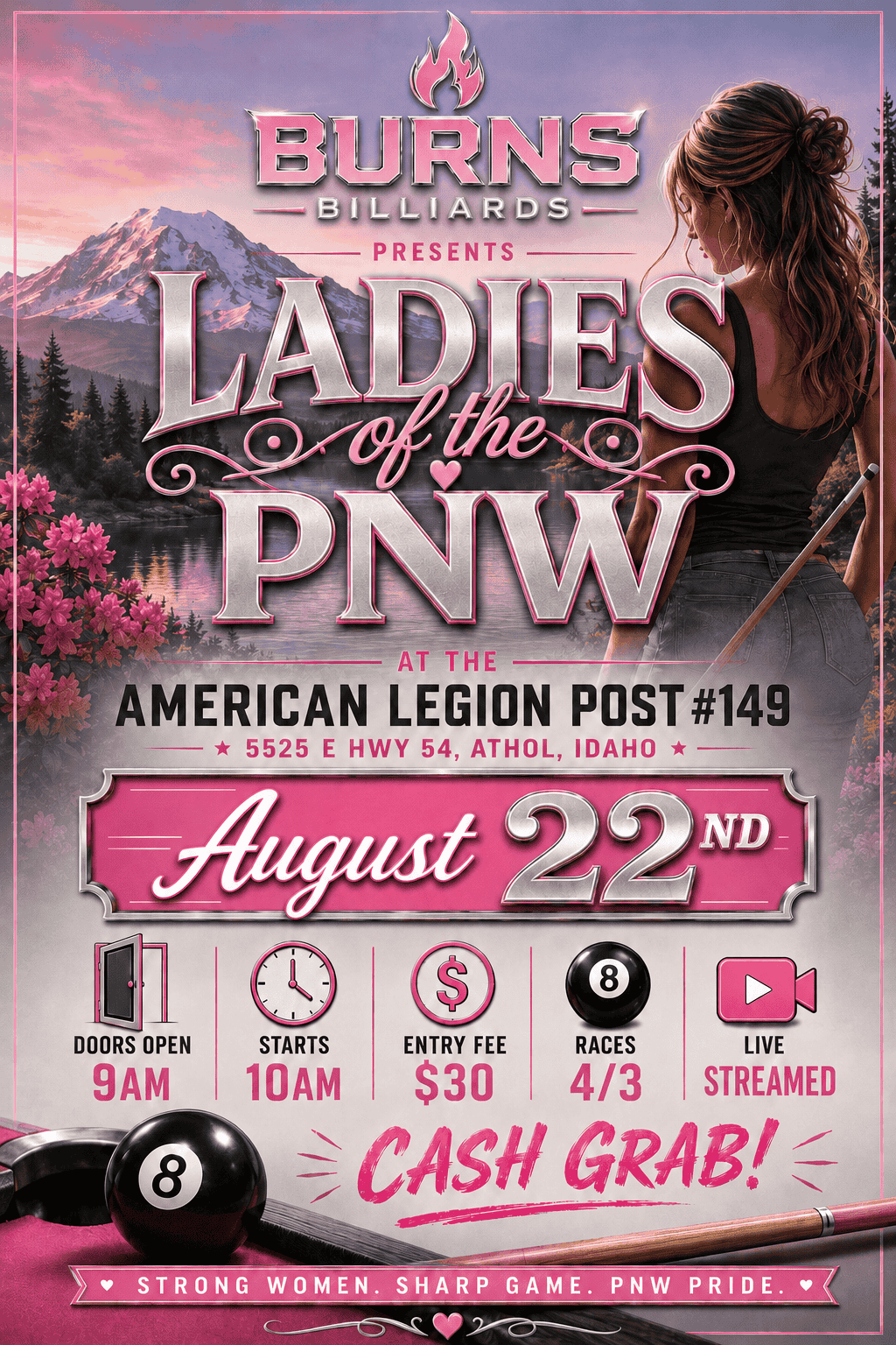 Burns Billiards Ladies of the PNW 8 Ball Tournament tournament flyer