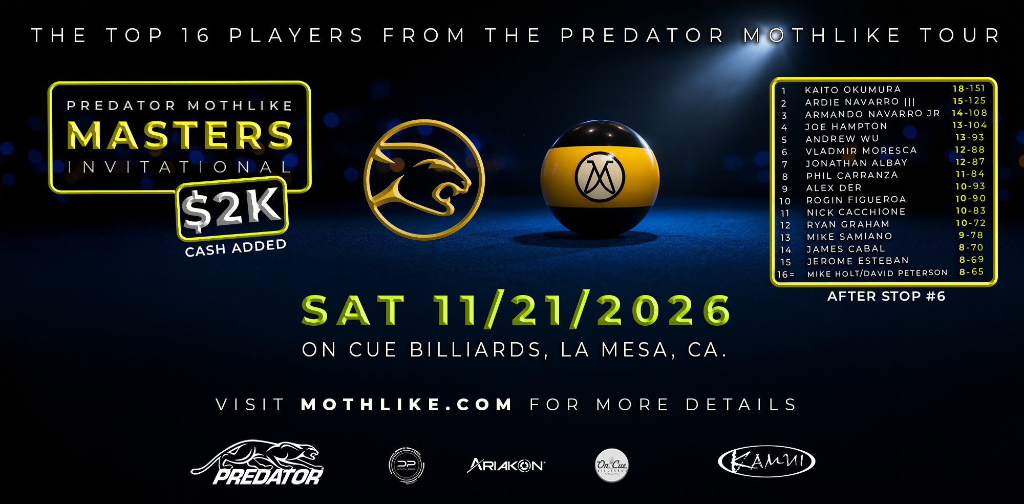 Predator Mothlike Masters Invitational | 9-26-26 | On Cue Billiards, La Mesa, CA. tournament flyer