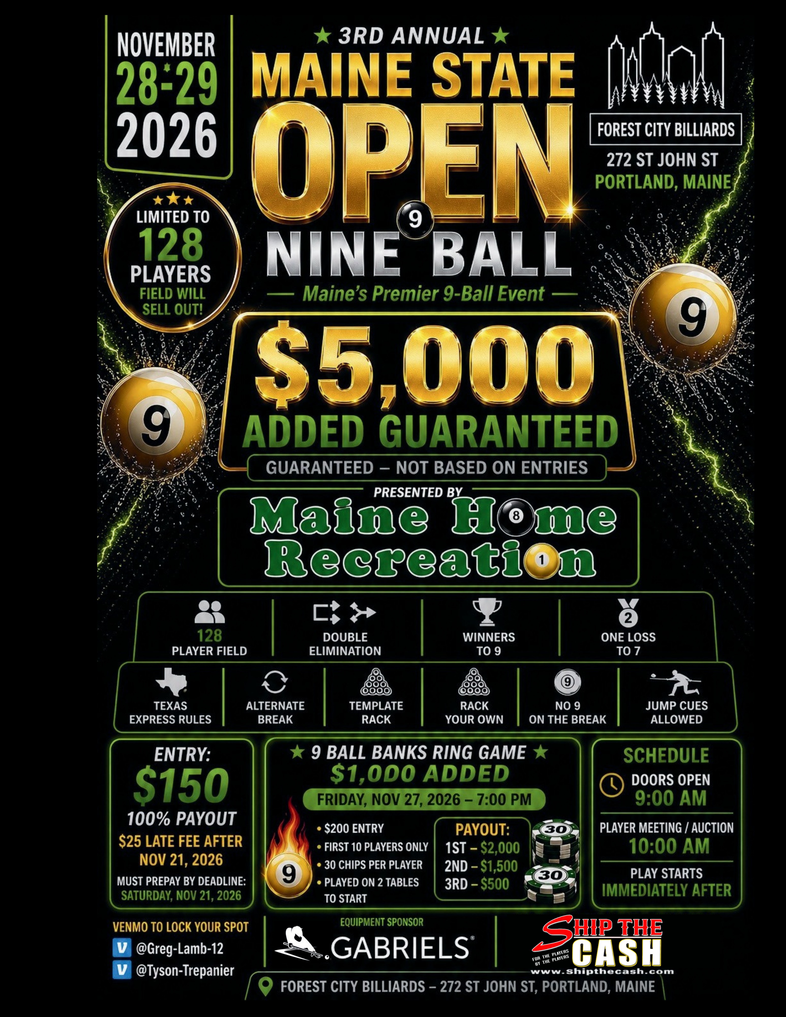 Maine State 9 Ball Open 3rd Annual tournament flyer
