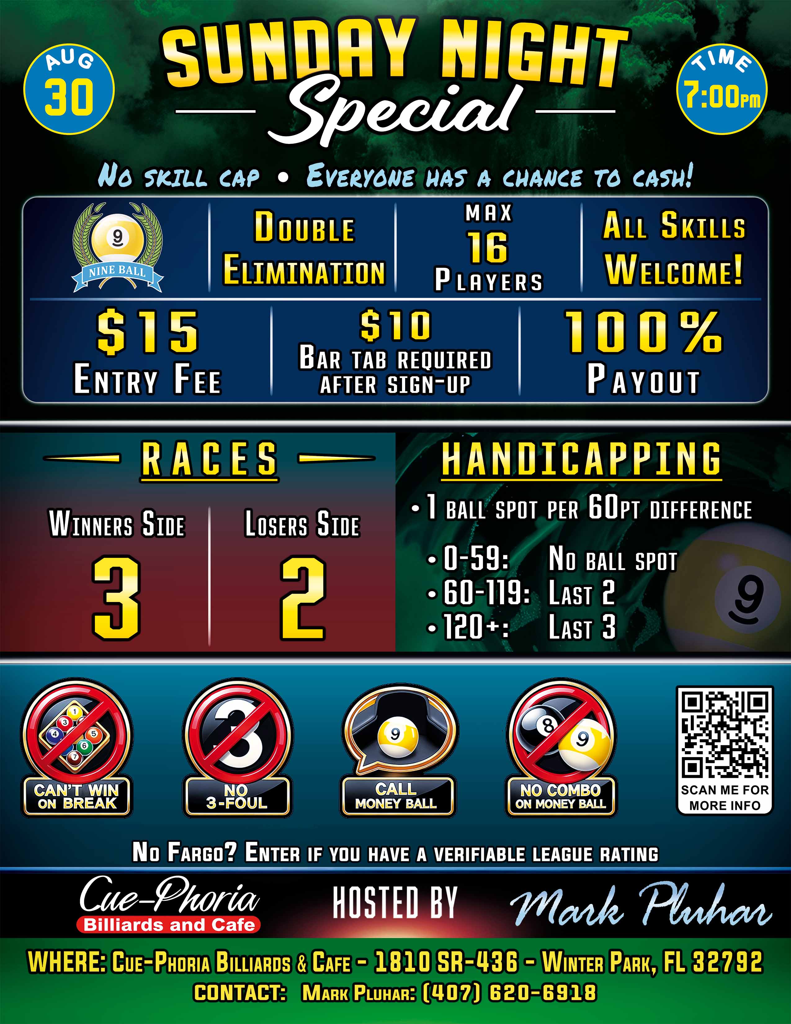 Sunday Night Special - 9-Ball - August 30 - CuePhoria tournament flyer
