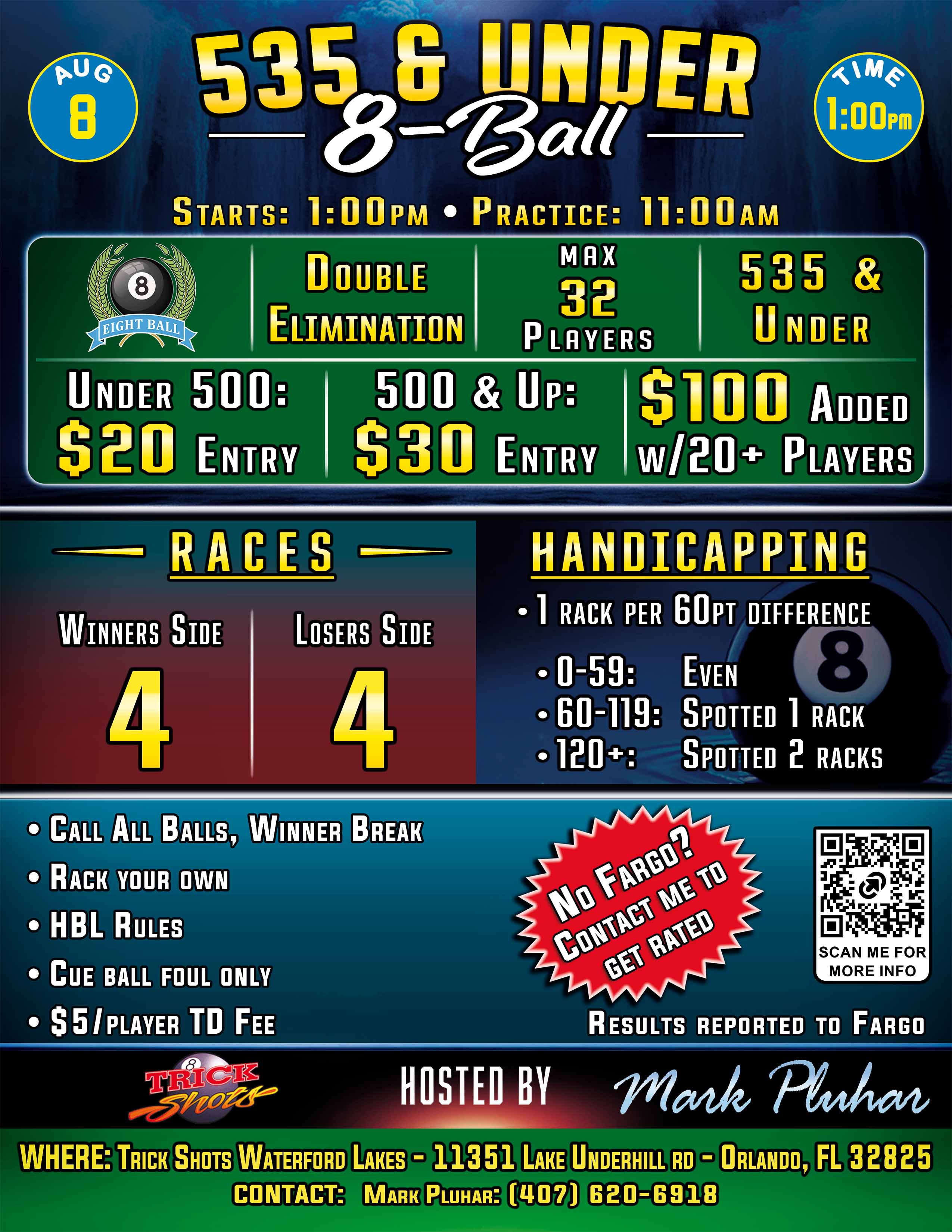 535 & Under 8-Ball Tourney - Aug. 8th - TSWL tournament flyer