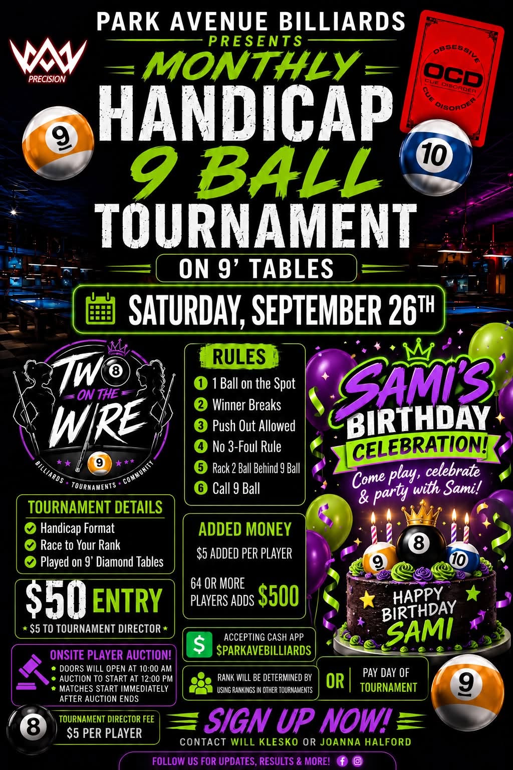 Park Ave - Monthly 9 Ball Tournament - 9/26 tournament flyer