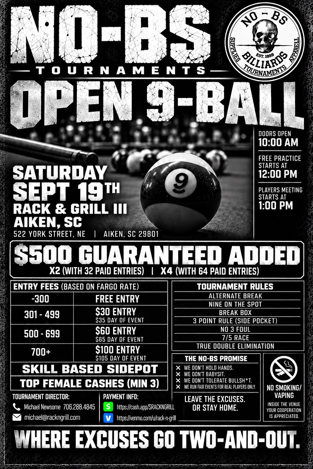 NO-BS OPEN EVENT TIERED ENTRY 9.12.26 tournament flyer