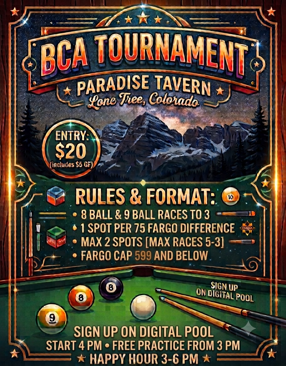 Paradise Tavern BCA Tournament Aug 02 2026 tournament flyer
