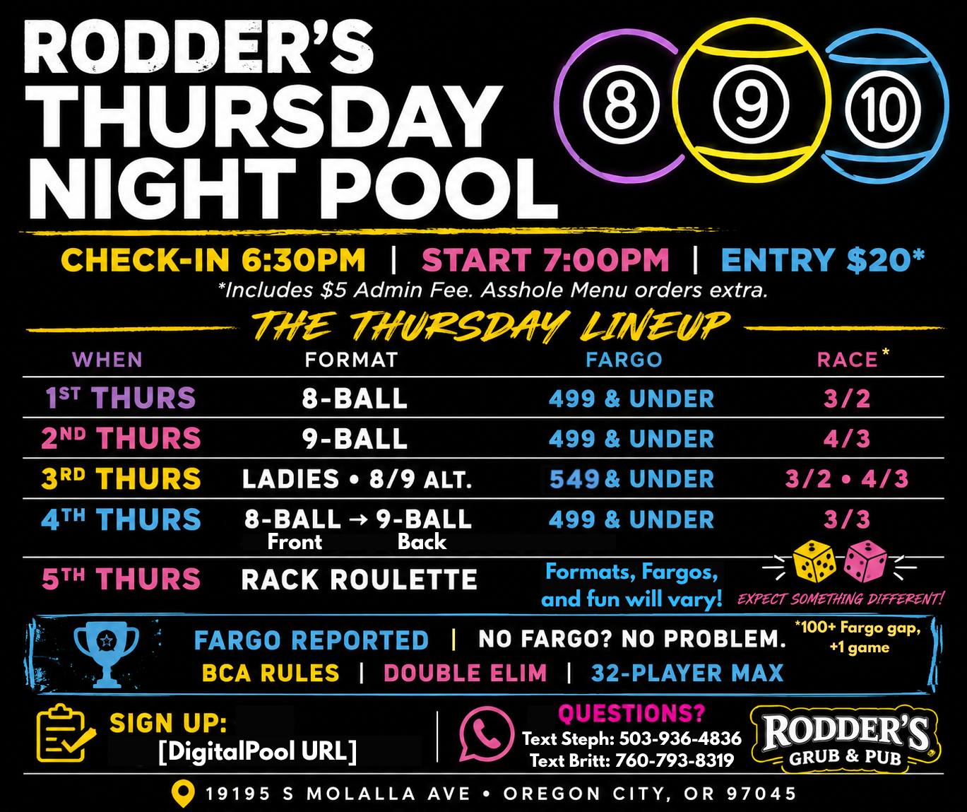 Rodder's Fifth Thursday Open 10 Ball 10/29/2026 tournament flyer