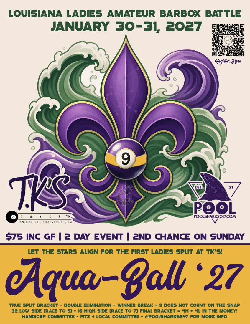 Aqua-Ball '27 - Ladies Split Bracket at TK's Shreveport, Louisiana tournament flyer