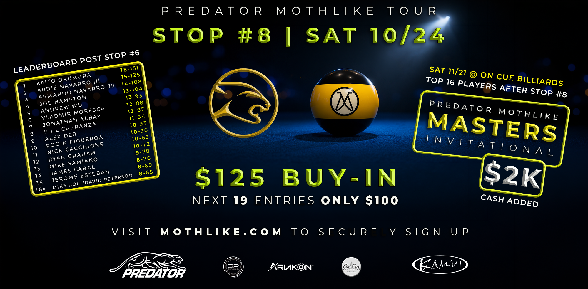 Stop #8 | Predator Mothlike Tour | 10-24-26 | On Cue, La Mesa, CA tournament flyer