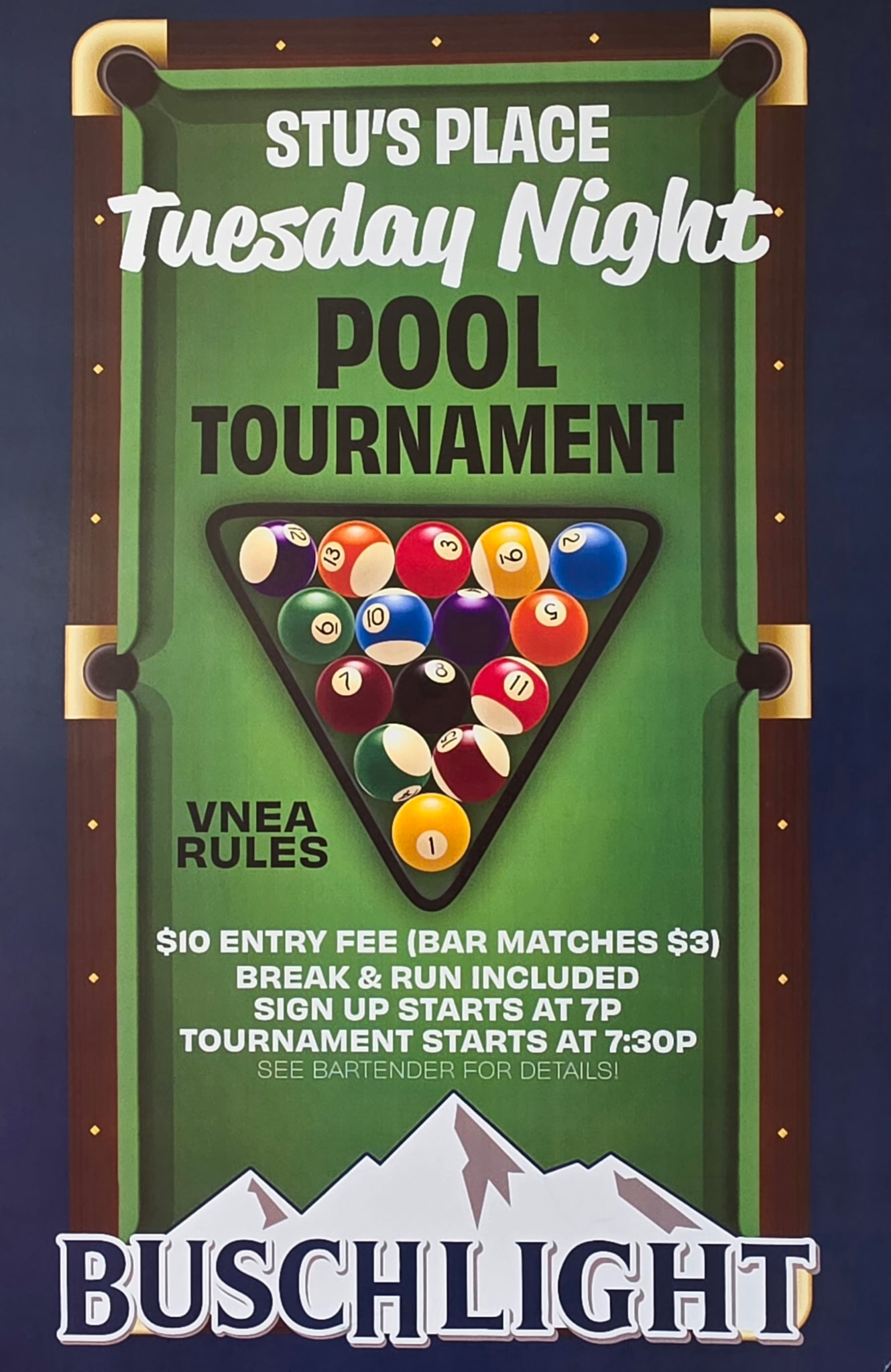 Stu's Place Tuesday 8Ball VNEA Weekly Tournament tournament flyer